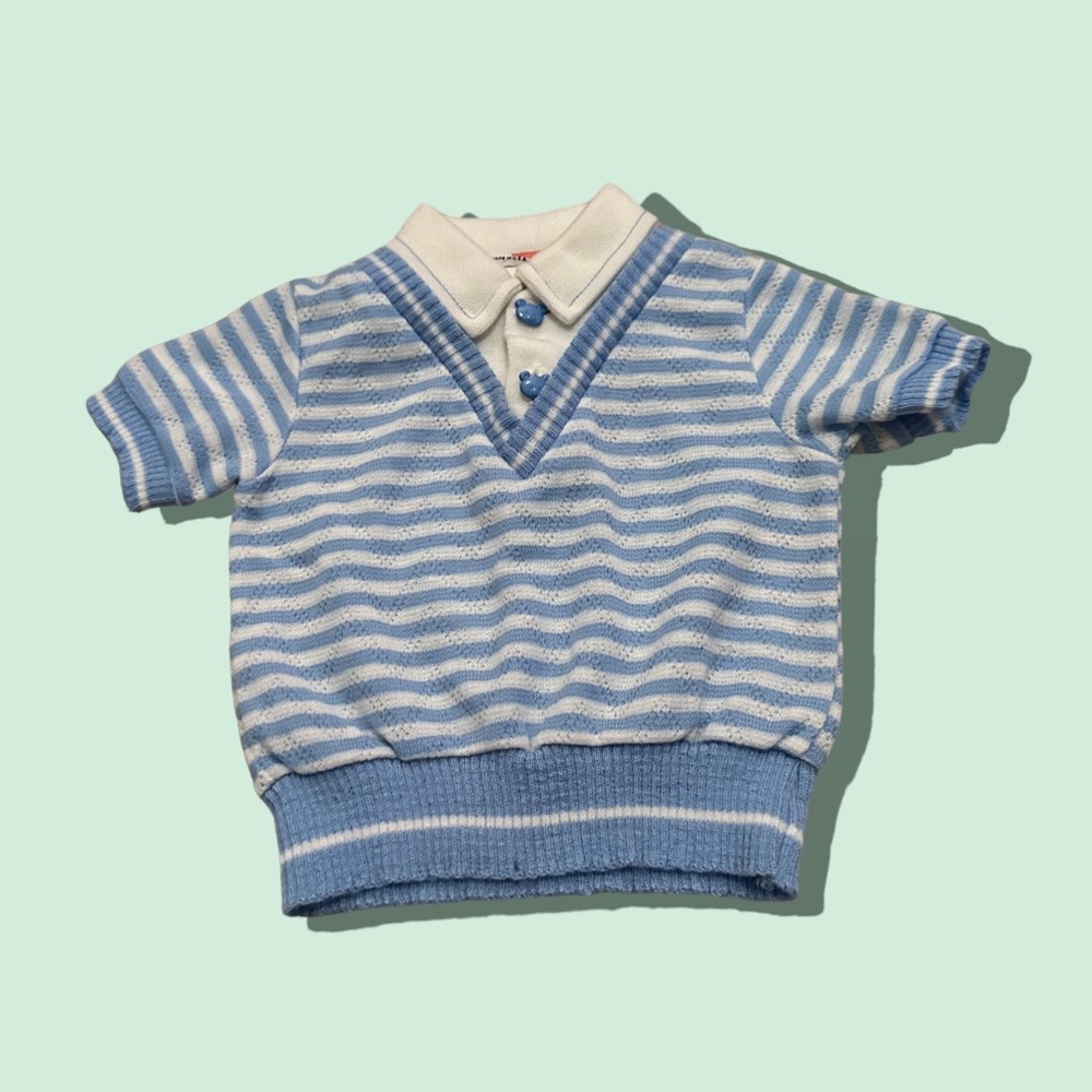 Vintage Baby Blue and White Striped Knit Sweater With Bear Buttons Size 18 Mon